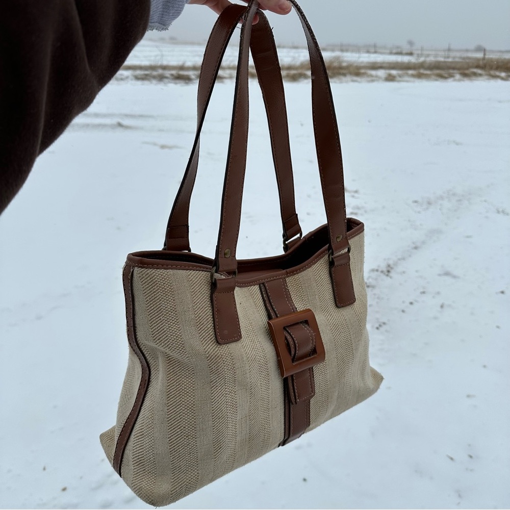 St. John’s Bay Vintage Cavas Leather Boho Buckle Tote Shoulder Neutral Bag Purse